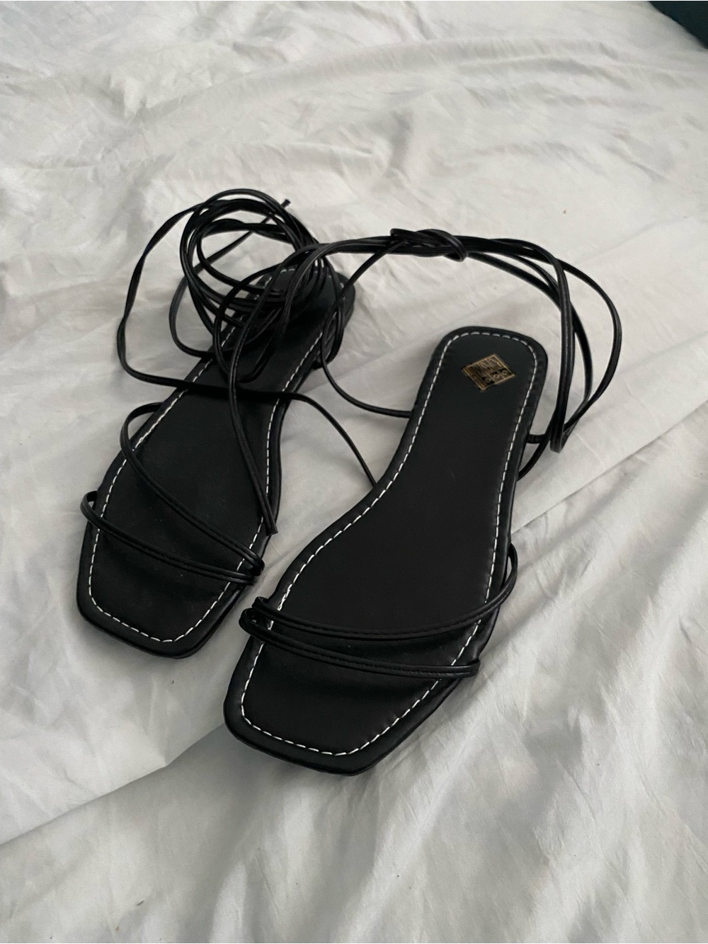 SHEIN Black Lace-Up Square Toe Strappy Sandals